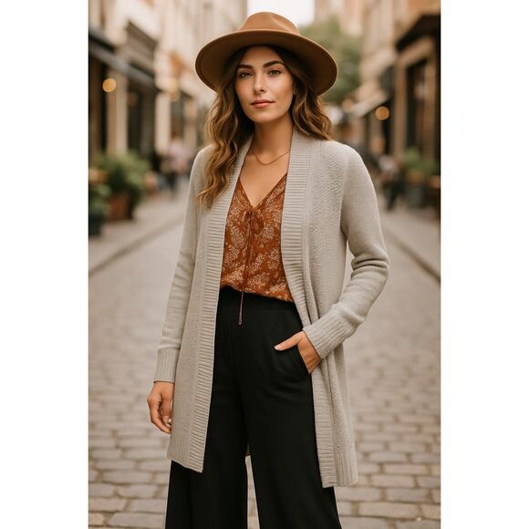 Anthropologie Moth Long Line Cashmere Knit Gray Open Front Cardigan Size Small - Picture 1 of 6